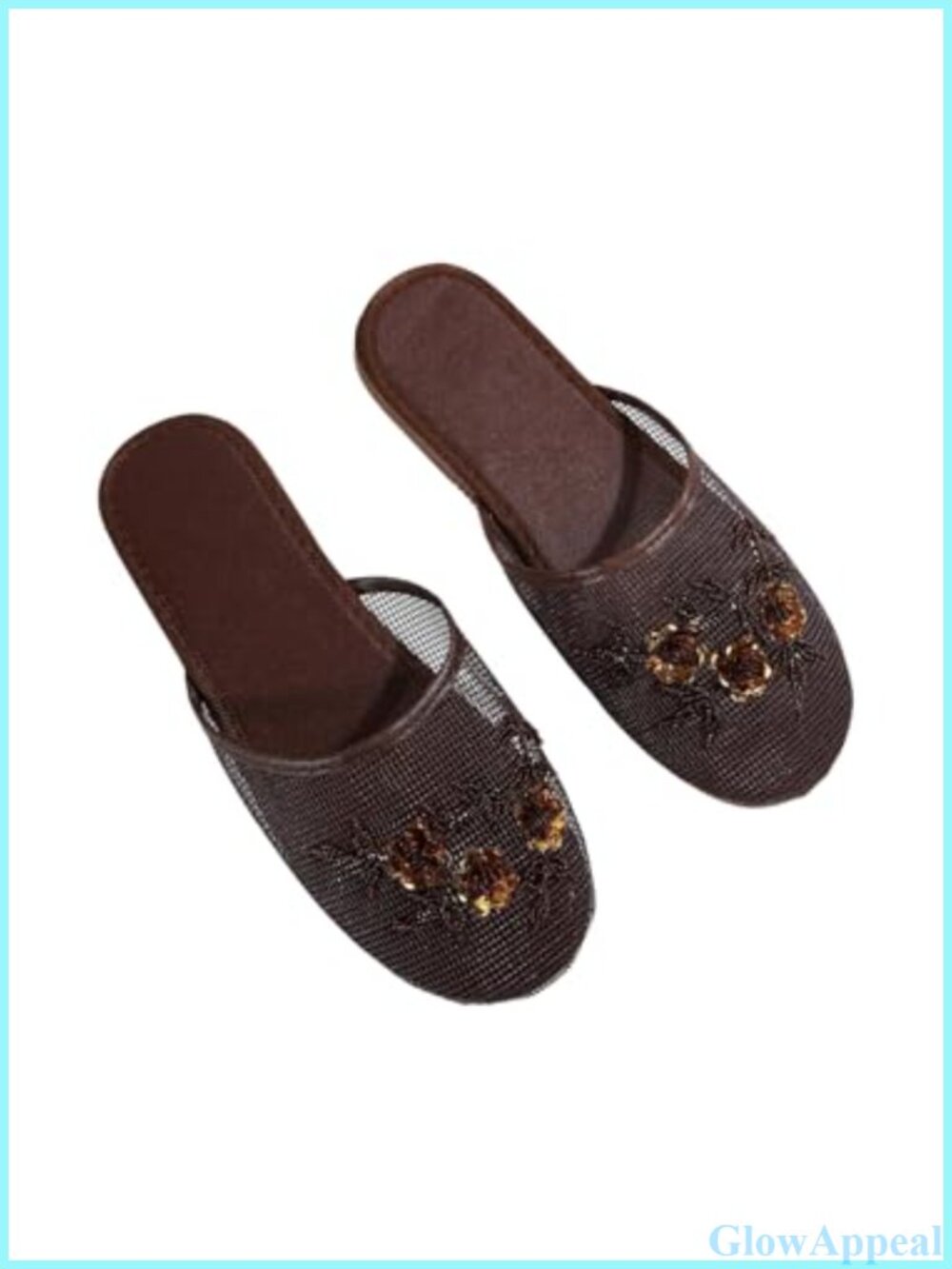 Floral Embroidered Mesh Mules Slip On Flat Shoes EVA Sole